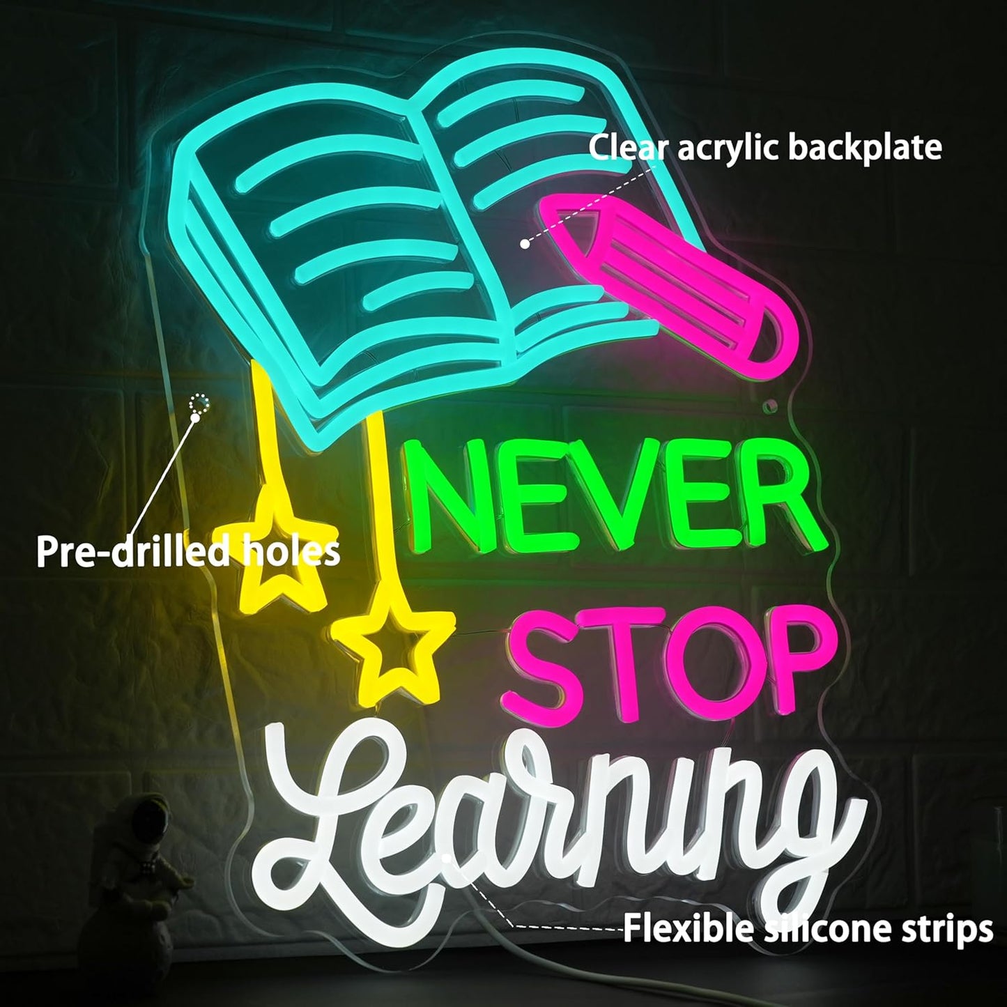 Read Books Neon Sign Led Never Stop Learning Light Up Sign for Wall Decor Dimmable Positive Reading Book Neon Classroom Sign for Learning Room Bookstore Study Room Library
