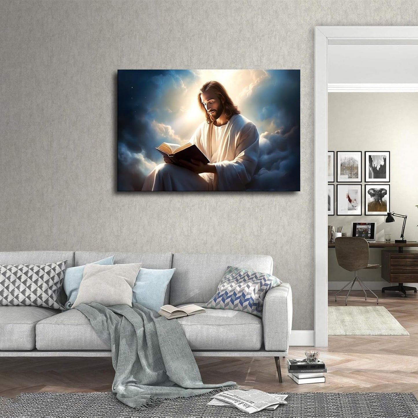 GoDdis Christ Wall Art Jesus Reading the Bible in Heaven Wall Art Poster Modern Wall Art living room wall art bedroom wall decor Canvas Printins (8x12inch-Framed)