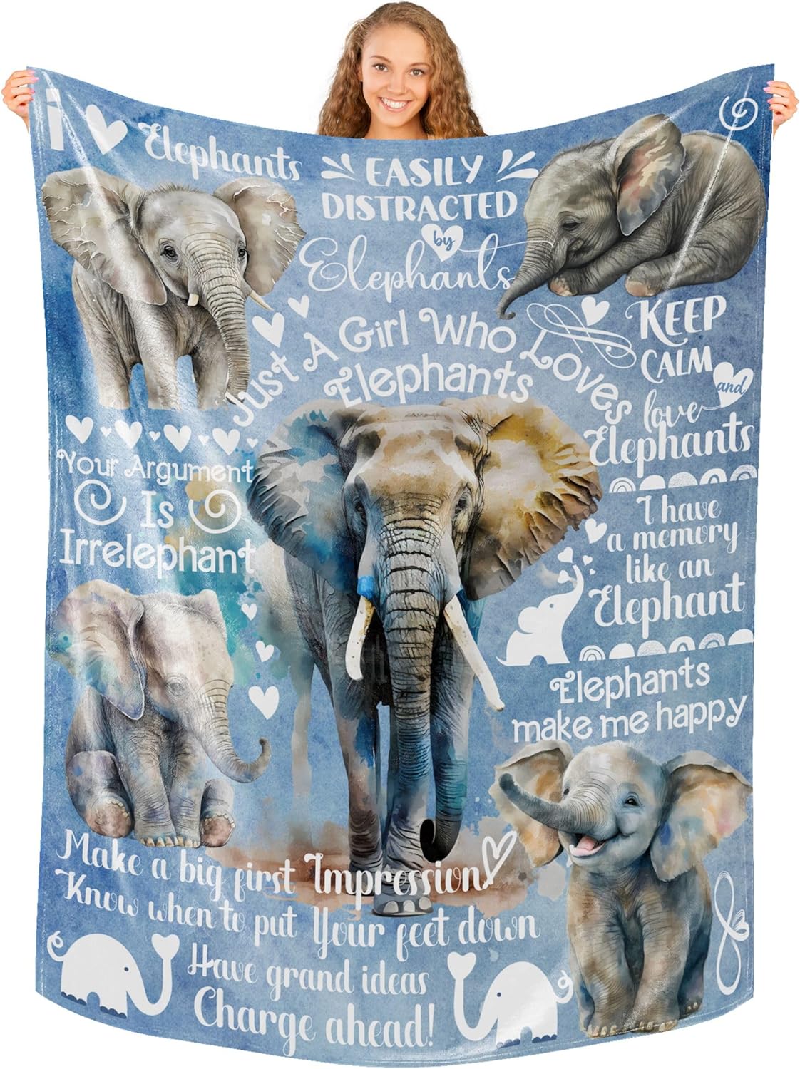 Elephant Gifts for Women, Just A Girl Who Loves Elephants, Throw Blanket for Sister, Daughter, Coworkers, Friends, Blue, 60x80 Inches