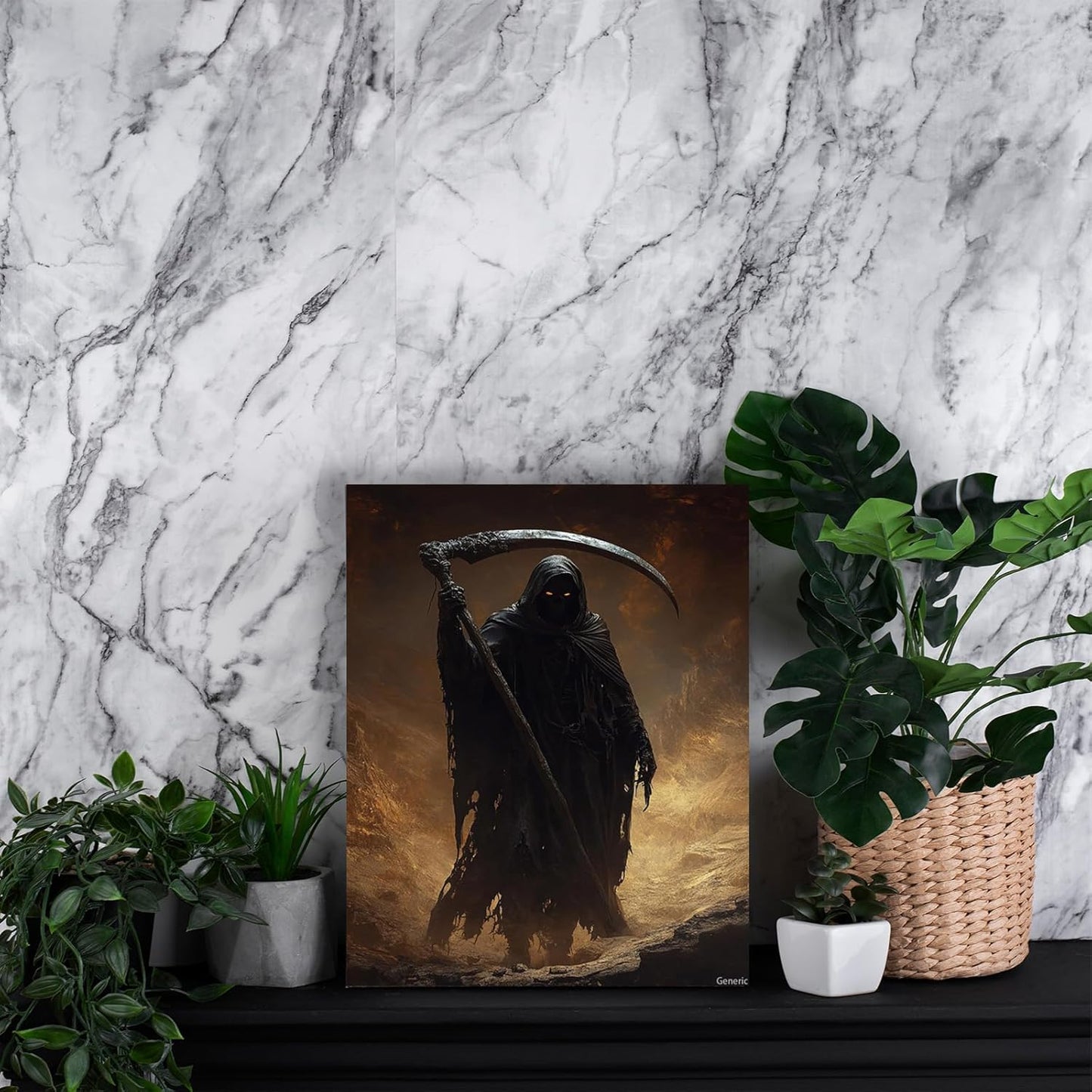 Halloween Poster Grim Reaper with Scythe, Dark Style High-Res Canvas Print, Wall Decor for Themed Rooms, Castles, Haunted Houses, Parties Black, 8x10inch 20x25cm, Framed