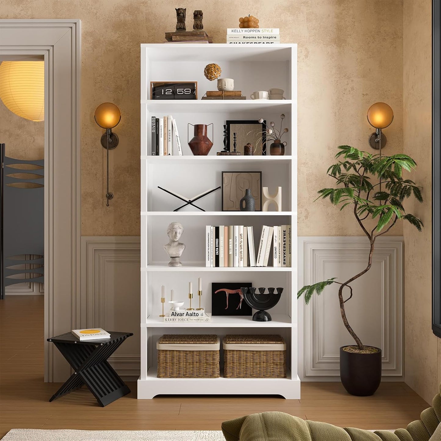 TVU 6-Tier Wooden Bookshelf, 77.2" Tall Farmhouse Style Open Bookcase, 31.5" W Standing Bookshelf with Storage, Suitable for Study, Living Room, Office, White
