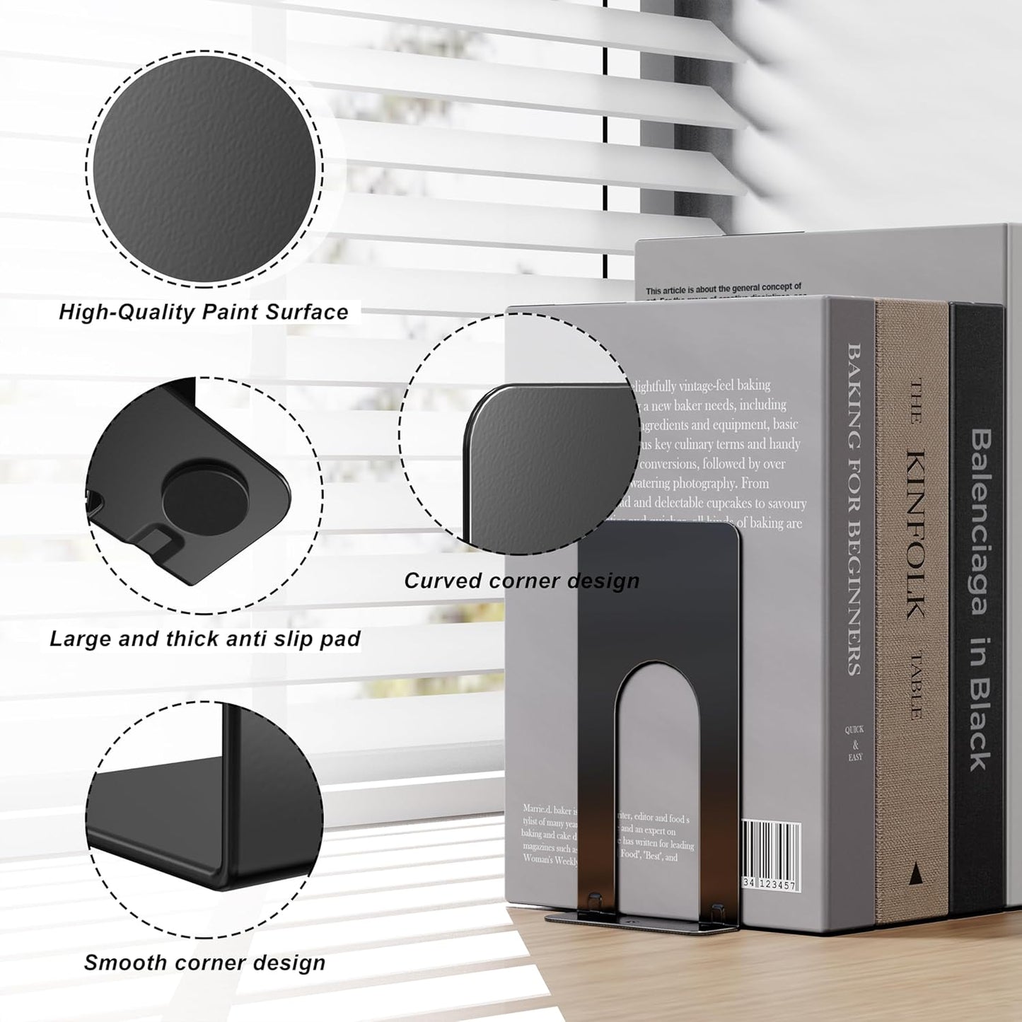 Optomni Book Ends, 3 Pairs of Small Bookends for Shelves, 3.9 x 2.8 × 5.2 in, Black Metal Book Stopper, Sturdy Book Holders for Home Office (6 Pcs, Small)