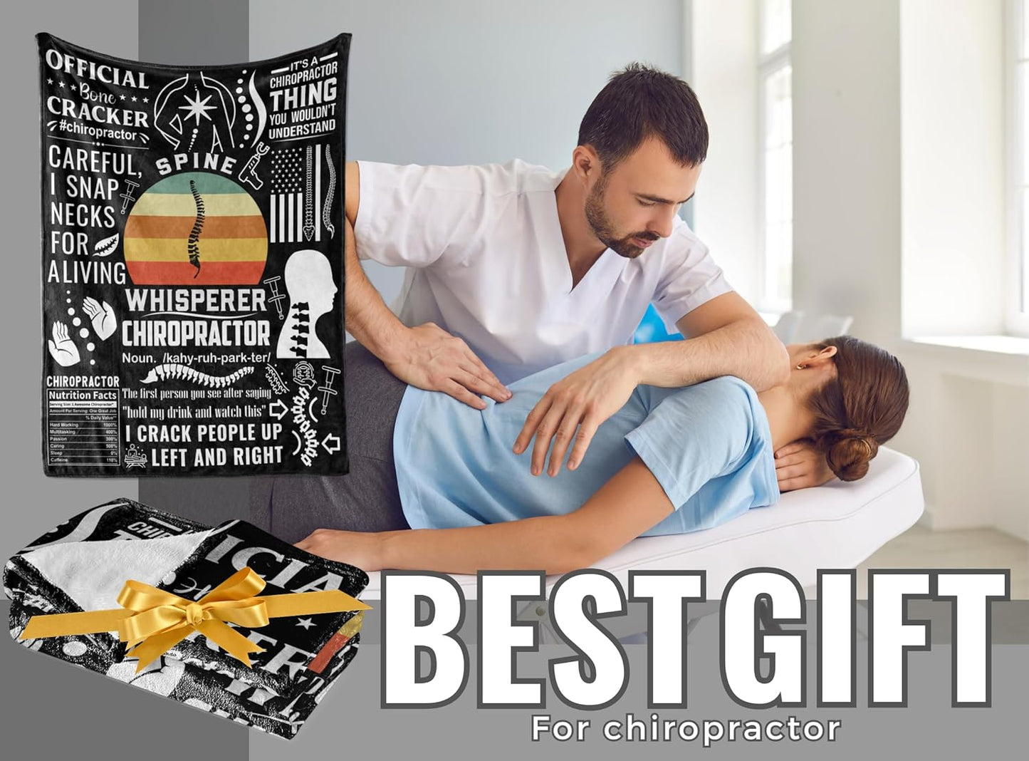Chiropractor Gifts, Blanket Gifts for Chiropractors, Gift Ideas for Chiropractors Women & Men, Flannel Blanket Throw, 65 x 50 inches - Black