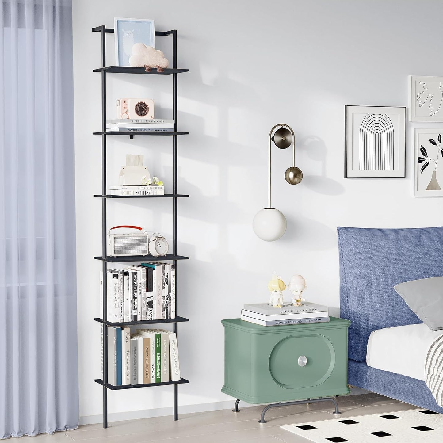 6-Tier Ladder Shelf, 77 Inches Wall Mounted Ladder Bookshelf with Metal Frame, Wood Tall Open Storage Rack and Display Shelves for Home Office Bedroom Living Room, Black