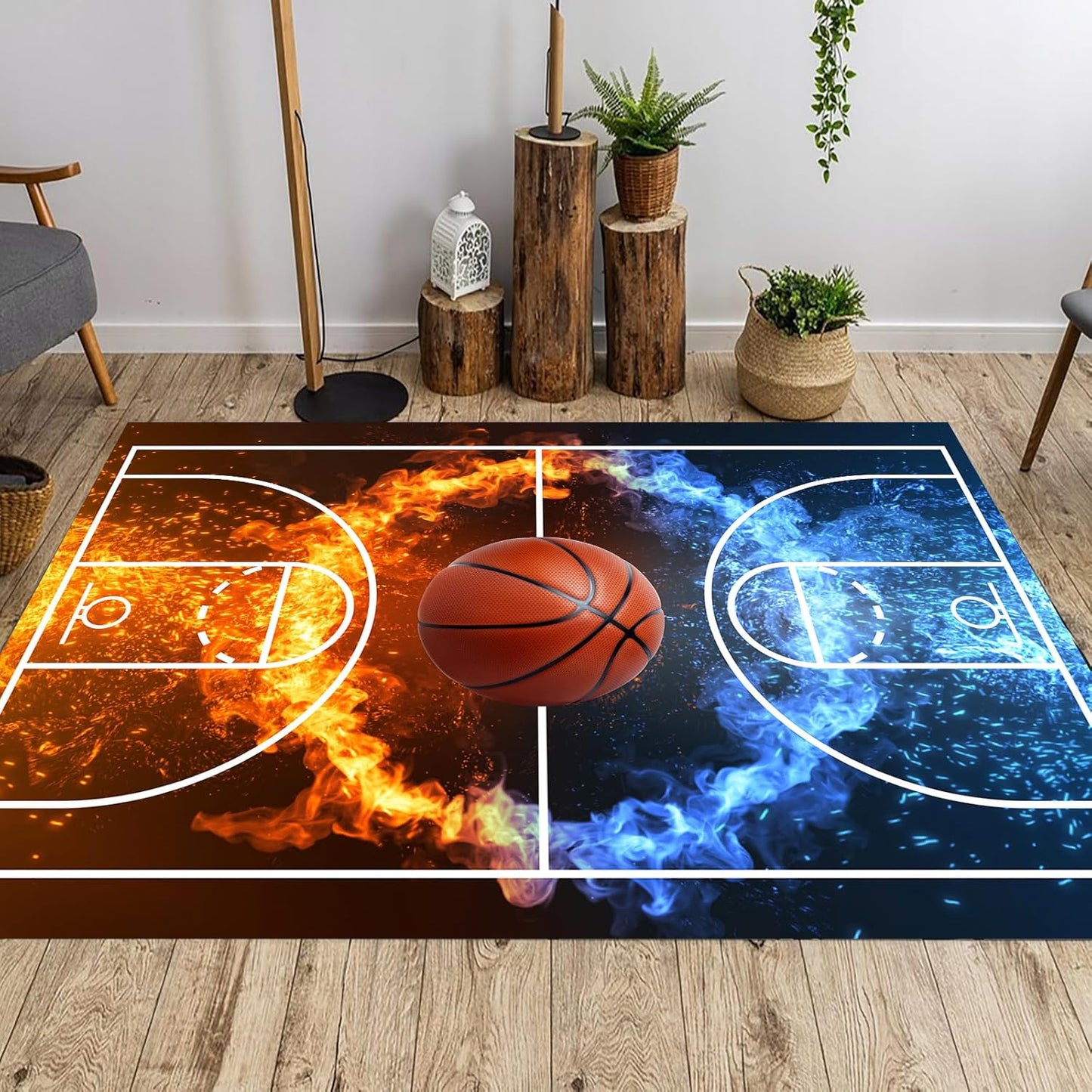 Basketball Rug for Boys Bedroom 3'x5' Non Slip Basketball Court Rugs,Fire Printed Sports Carpet for Living Room and Game Room Decor