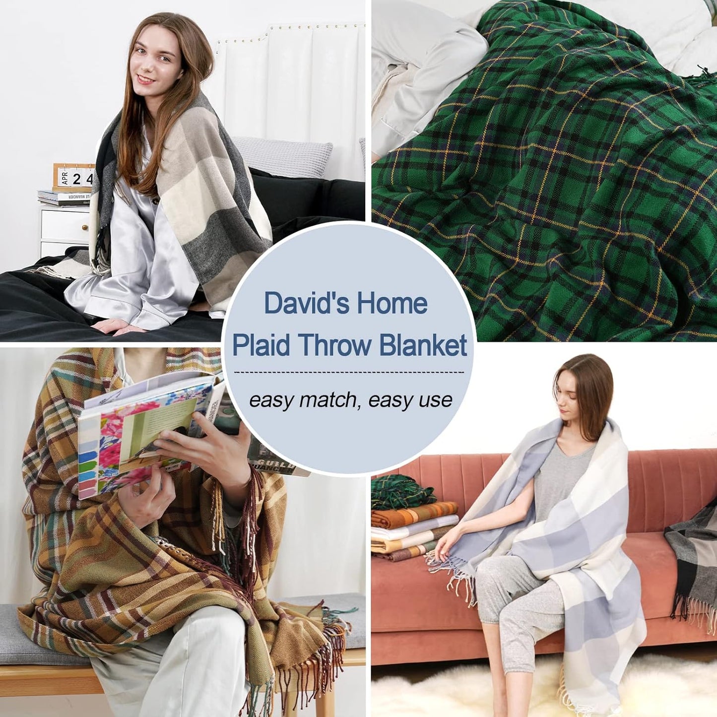 David's Home Buffalo Plaid Throw Blanket- Soft and Lightweight Tartan Herringbone Fringe Blanket for Couch Sofa-Outdoor Lap Throw with Decorative Tassels,50x60 Inches-Pumpking Orange