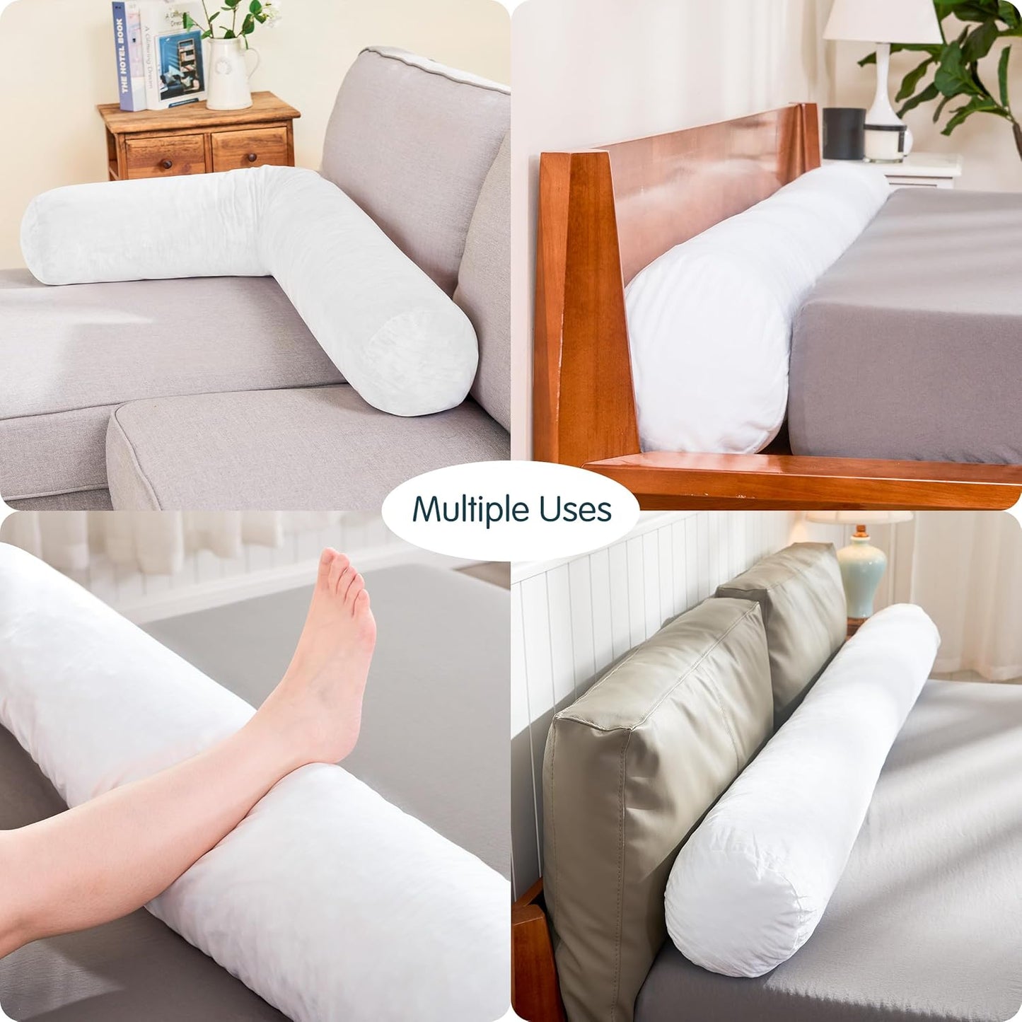 SyMax 7.8"x76" Body Pillow for King Bed, Long Round Body Pillow for Adults, Memory Foam Bolster w/Removable Velvet Cover, Headboard Gap Filler Pillow, White