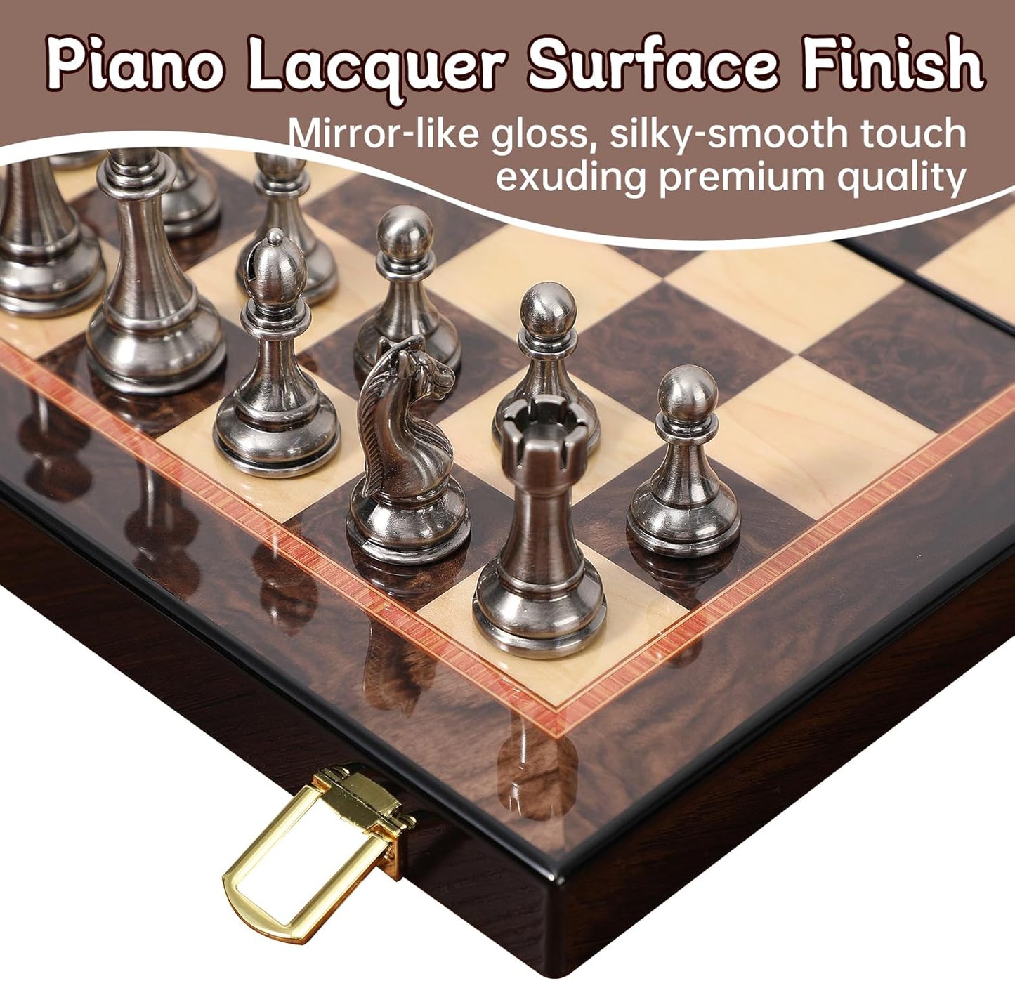 Ajedrez Luxury 15" Wooden Chess Set - Folding Board with Piano Finish | Weighted Metal Chess Pieces | Portable Travel Game for Adults & Kids | Premium Gift