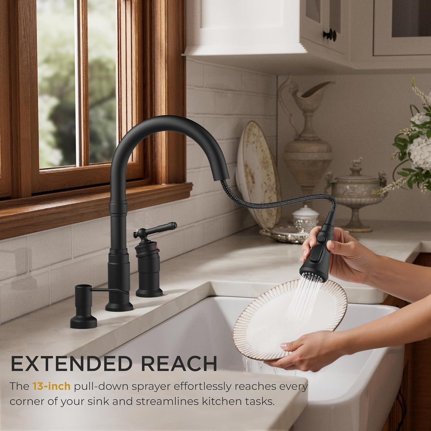 FORIOUS 2 Hole Black Kitchen Faucet with Pull Down Sprayer, Stainless Steel Rustic Kitchen Sink Faucet 3 Spray Modes with Single Seperate Handle, Suitable for Farmhouse Outdoor Camper Rv Bar