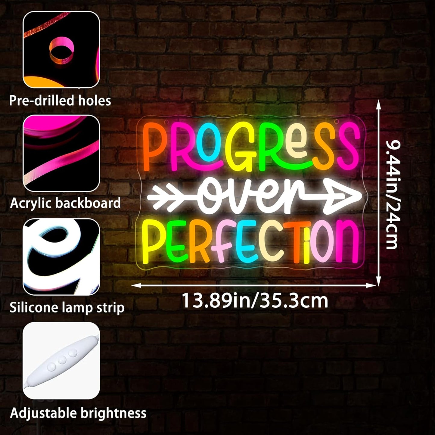 Progress Over Perfection Neon Sign for Wall Decor Dimmable Inspirational LED Neon Light for Classroom Decor Affirmation Positive Wall Art for Mental Health Gym Office Study Size 13.9 * 9.4in(GLNP242)