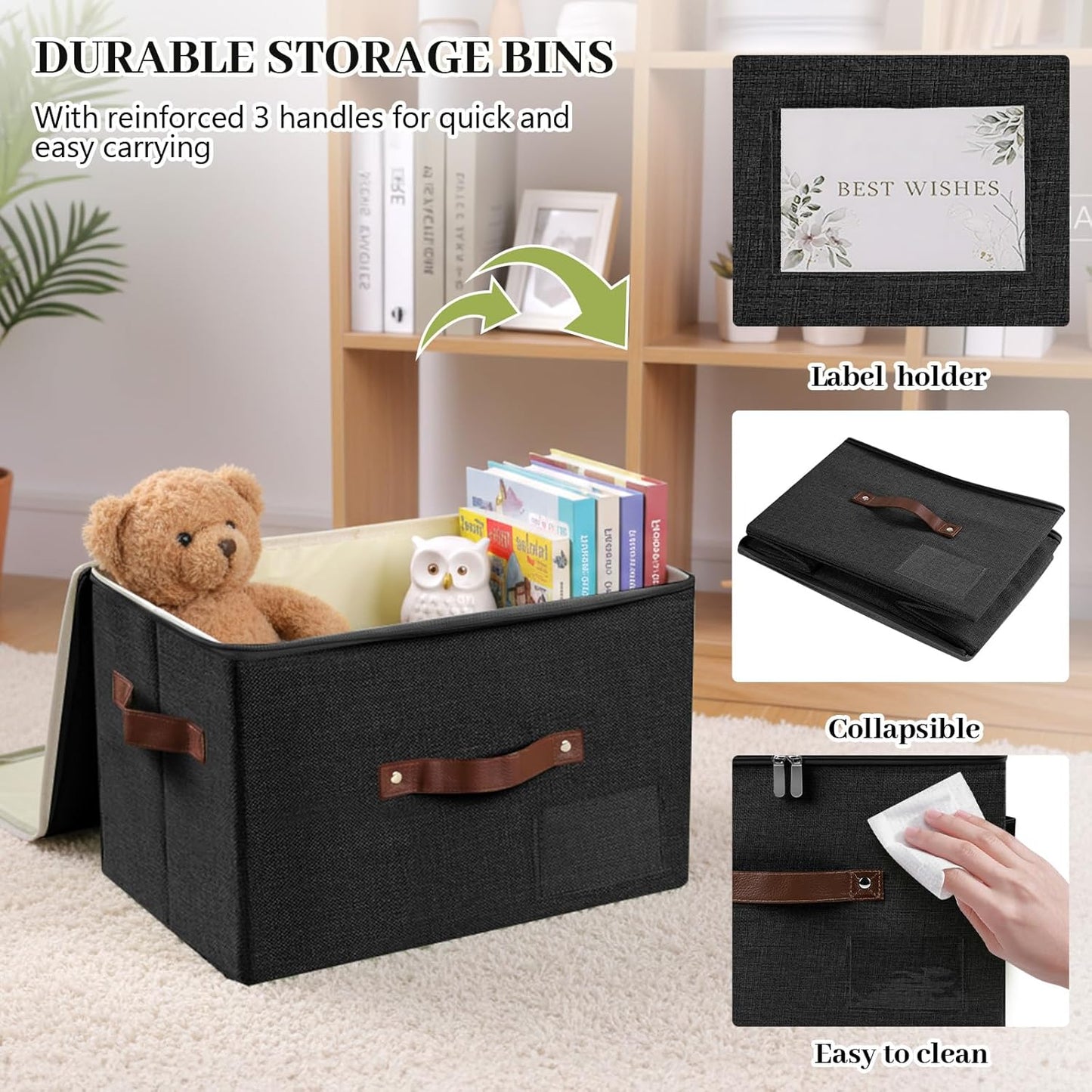 Lucky Monet 3PCS Storage Bins with Zipper Lids 17.7"x13.8" x10" Foldable Lidded Fabric Storage Boxes Cotton Linen Closet Shelf Clothes Organizer with Handles & Label Pocket (Black, Extra Large)
