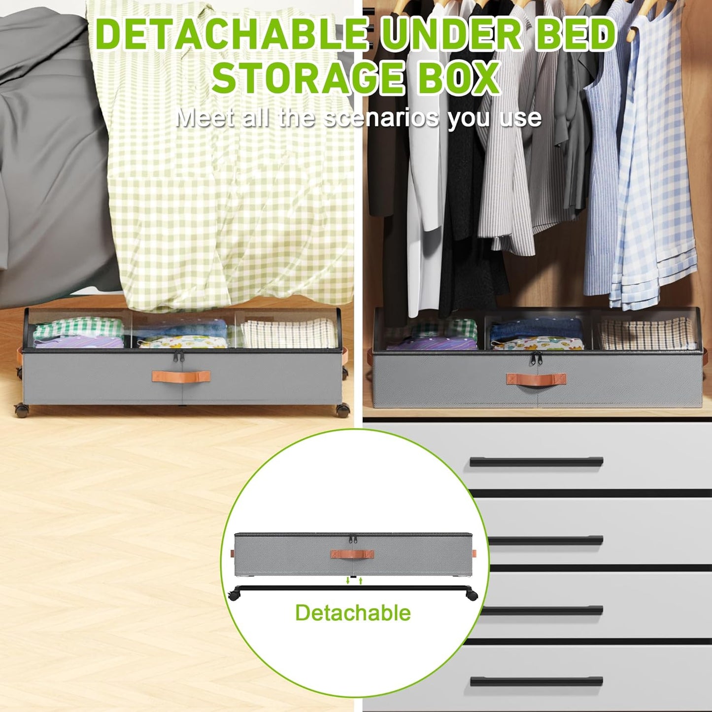 Under Bed Storage with Wheels, 2-Pack Under Bed Storage Containers with Clear Lids, XXL 65L Under the bed storage Organizer Bins, Rolling Under Bed Metal Drawer for Clothes,Shoes,Toys (gray)