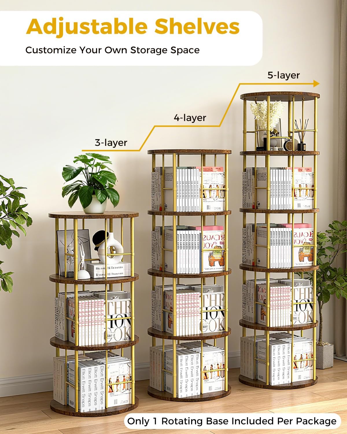 5-Tier Rotating Bookshelf Tower – 360° Spinning Bookcase, Stackable Narrow Storage Organizer, Tall Space-Saving Swivel Shelf for Corner, Bedroom, Living Room, or Office (Black)