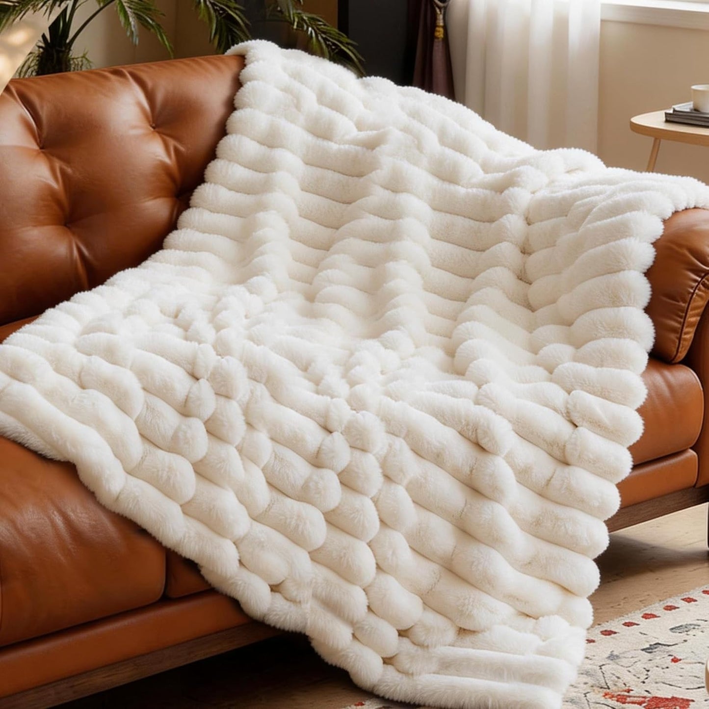Faux Fur Throw Blanket for Couch,Cozy Soft Plush Thick Striped Luxury Blanket for Sofa Living Room Bedroom,50 * 60 Inches, White