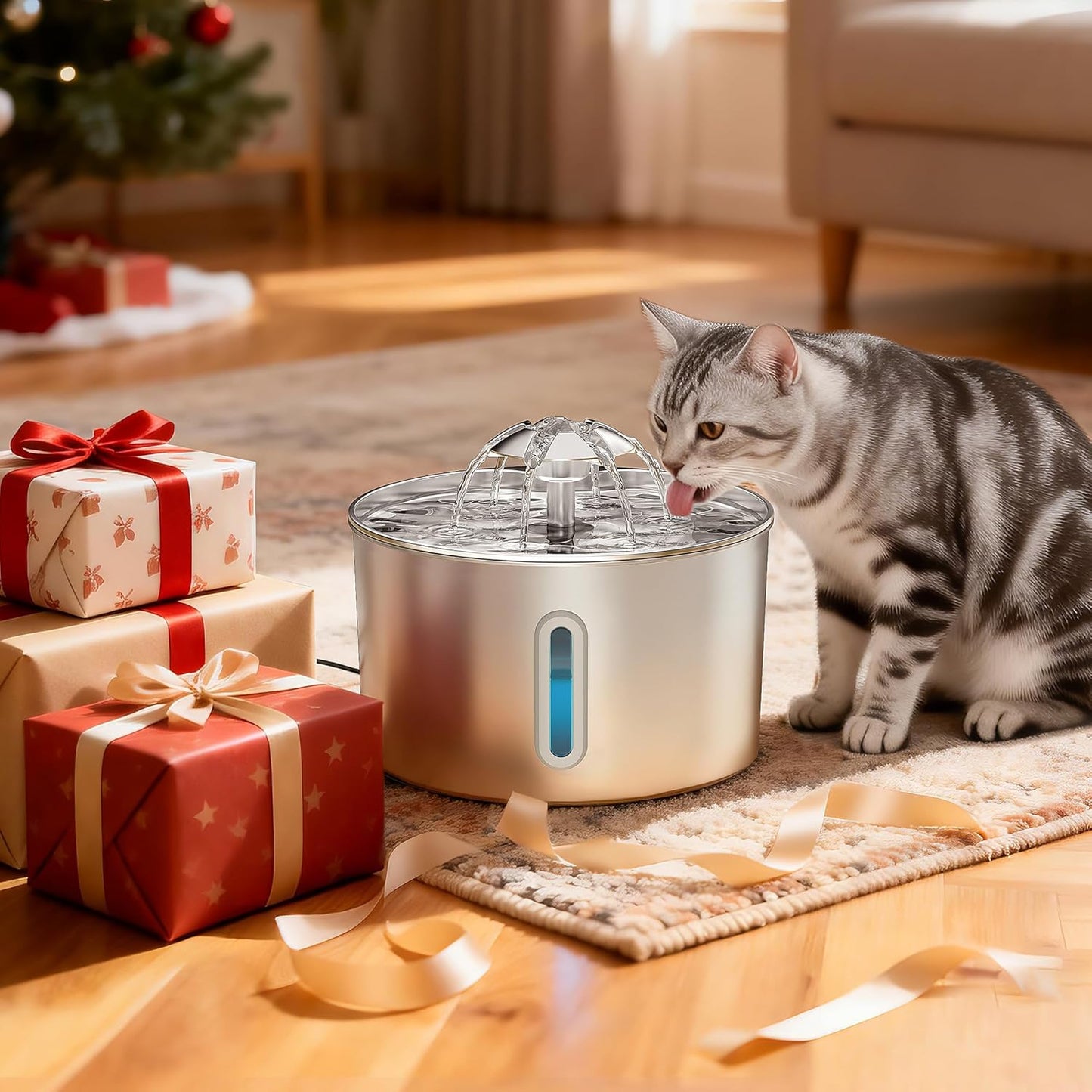 Cat Water Fountain Stainless Steel - 74oz/2.2L Pet Gift Dog Water Dispenser Automatic Silent Cats Dispenser for Drinking Indoor Metal Kitty Spout Fountains with 3 Filters & 3 Sponges Cat Dogs Gifts