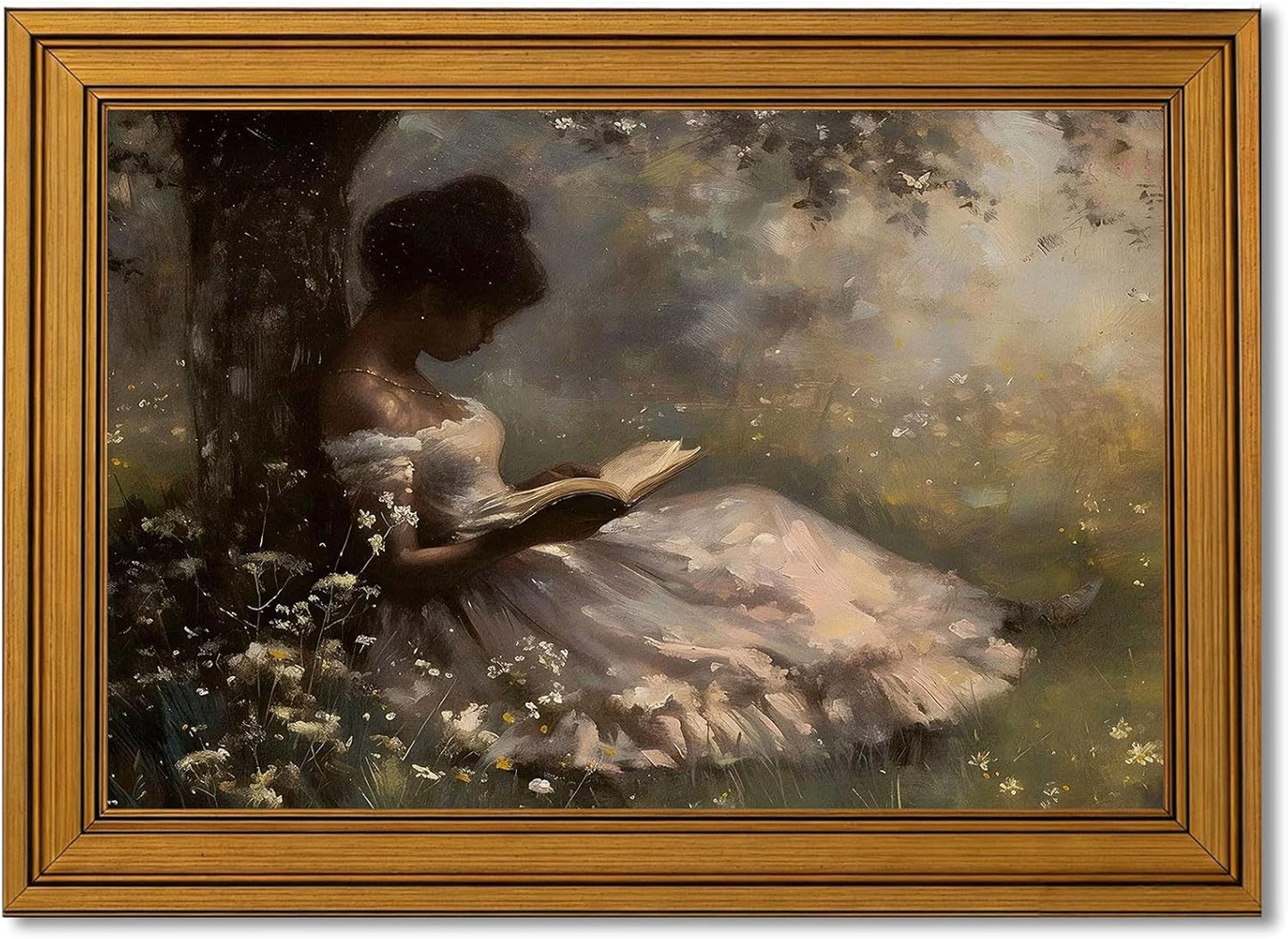 Gold Framed Vintage African American Reading Canvas Wall Art Black Woman Read Painting Picture Wall DecorTrendy Victorian Poster Print Artwork for Bedroom Living Room Home Decoration 9x11in