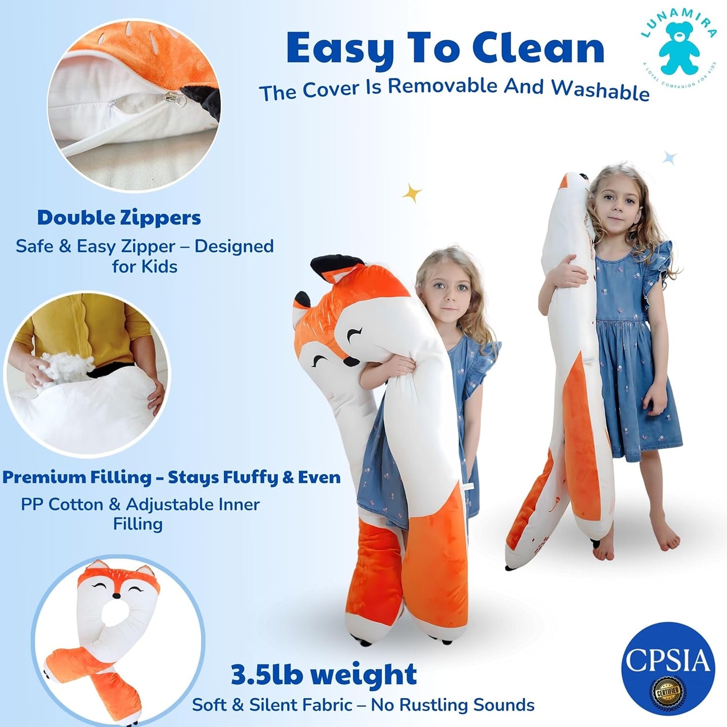 LUNAMIRA Fox Kids Body Pillow - 47" U-Shape Long Plush Soft Animal Pillow for Kids, Sleeping, Reading, ADHD & Special Needs Comfort, Anxiety, Washable Cover, Snuggle Fun Cuddle Gift for Boys & Girls