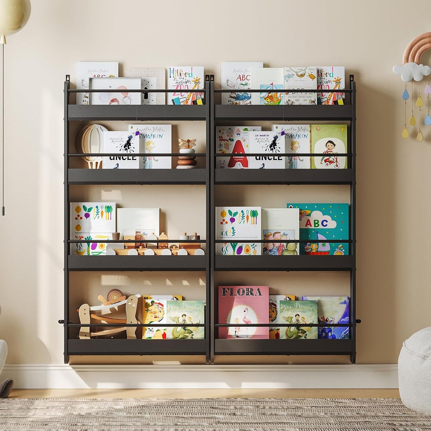 Kids Bookshelf, 4-Tier Wall Mount Bookshelf for Kids, Behind The Door Bookshelf, Hanging Book Shelf for Kids Room, Playroom, Bedroom, Living Room, Black KBBK7601