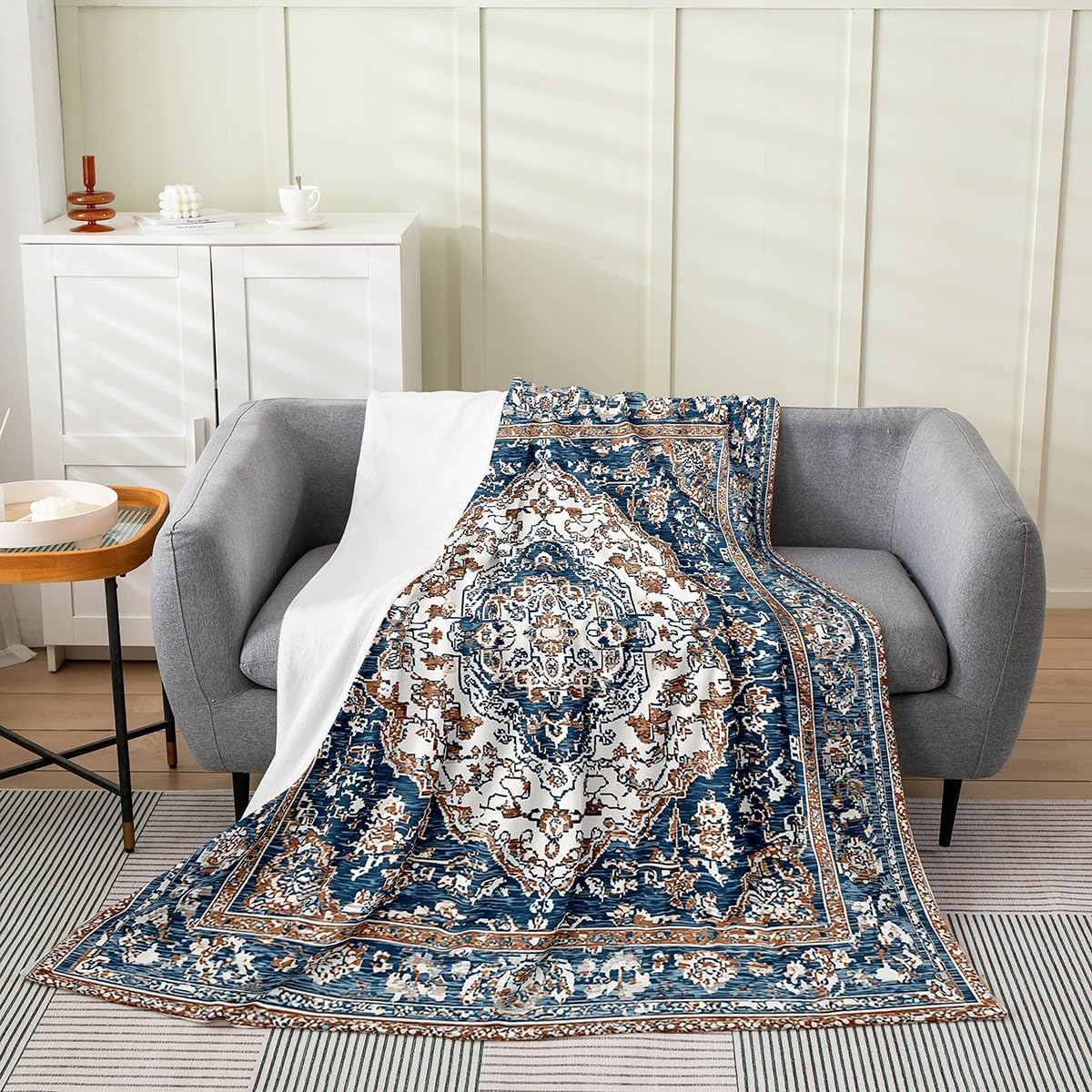 Erosebridal Bohemian Flower Floral Fleece Flannel Blanket Queen 90x90,Distressed Tribal Throw Blanket,Ethnic Oriental Blanket,Native Damask Medallion Fuzzy Blanket Western Nordic Style Bedroom Decor