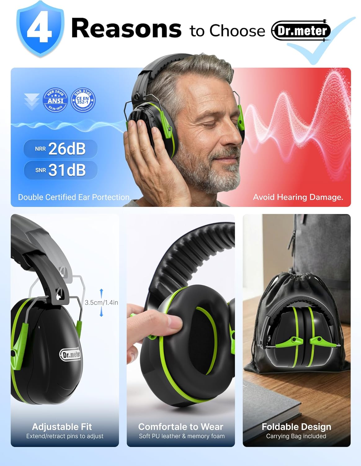 Hearing Protection Ear Muffs, 31dB Noise Reduction Safety Earmuffs for Adults Kids Autism Sensory, Range Ear Protection Earmuff for Mowing, Concentration and Garden Work