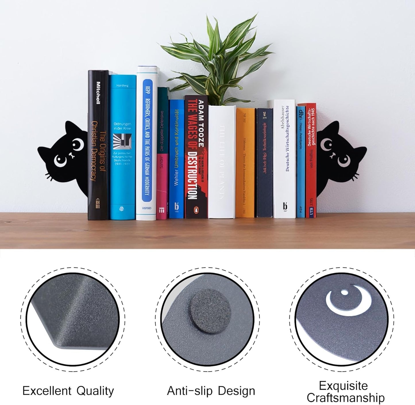Bookends Metal Cat Book Ends, 1 Pairs Cute Bookends for Shelves Decorative for Home Office Desk Bookshelf Decor (Black, Cartoon)