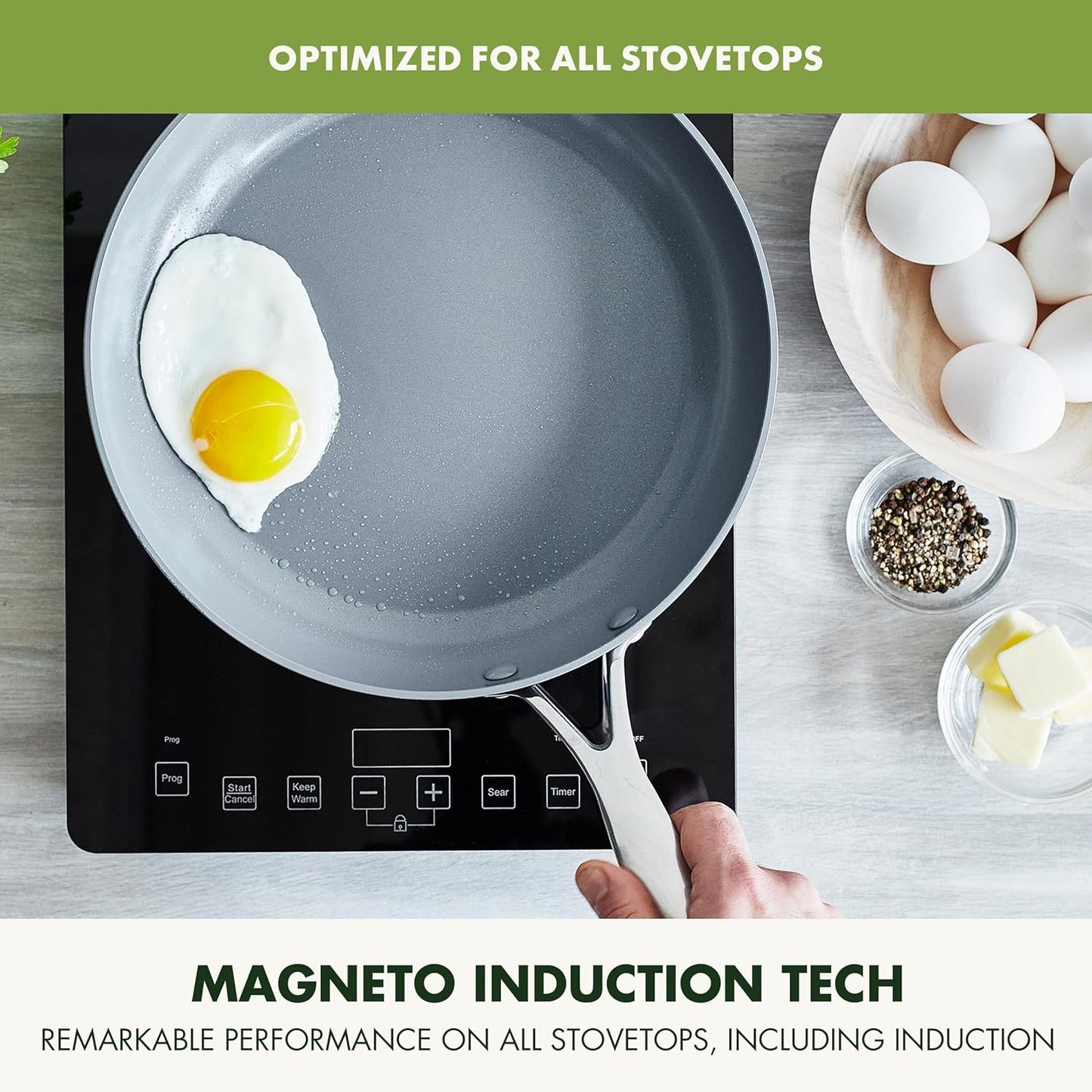 GreenPan Valencia Pro Ceramic Nonstick 8" 9.5" & 11" Fry Pan Skillet Set, Hard Anodized PFAS-Free, Induction Ready, Compatible on All Cooktops, Dishwasher Safe, Oven Safe to 600F, Gray