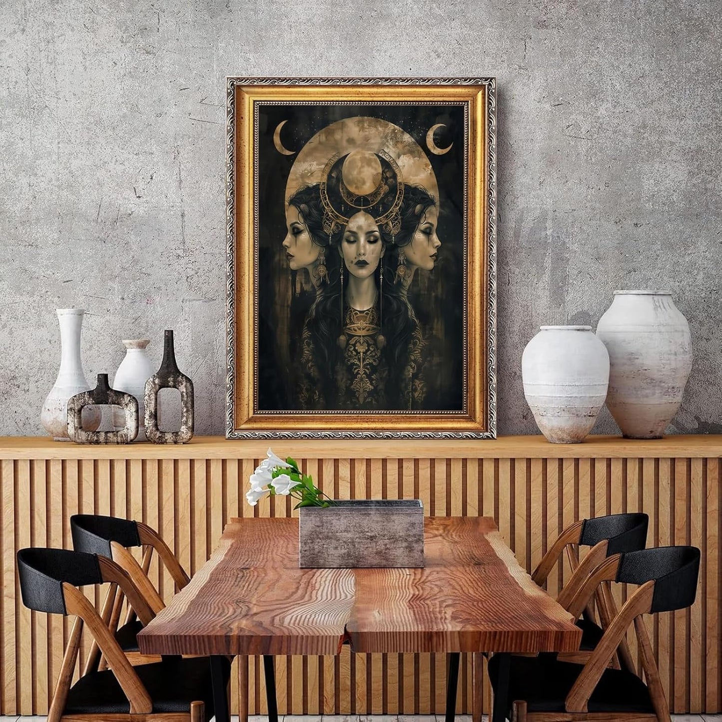 Dark Academia Wall Art Vintage Witch Moon Goddess Hecate Horror Canvas Print Gothic Victorian Mystical Artwork Celestial Pagan Decor Poster for Bedroom Living Room 12x16inch Retro Gold Frame