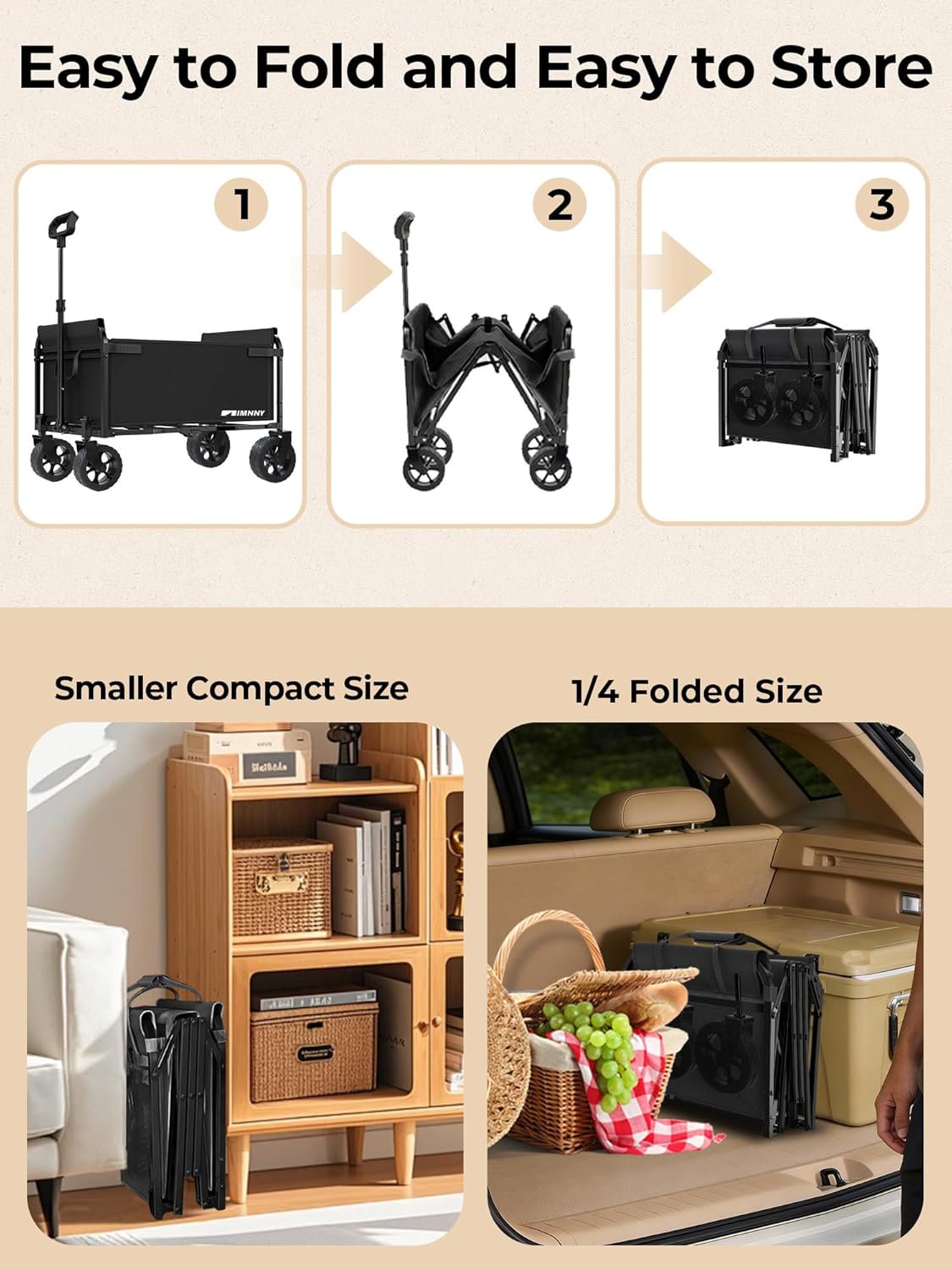 Collapsible Wagon, Folding Utility Cart with Wide Wheels, Lightweight Grocery Shopping Cart for Apartment Living, Gardening, Pet Carrier, Easy Fold & Low-Entry Design (Black)