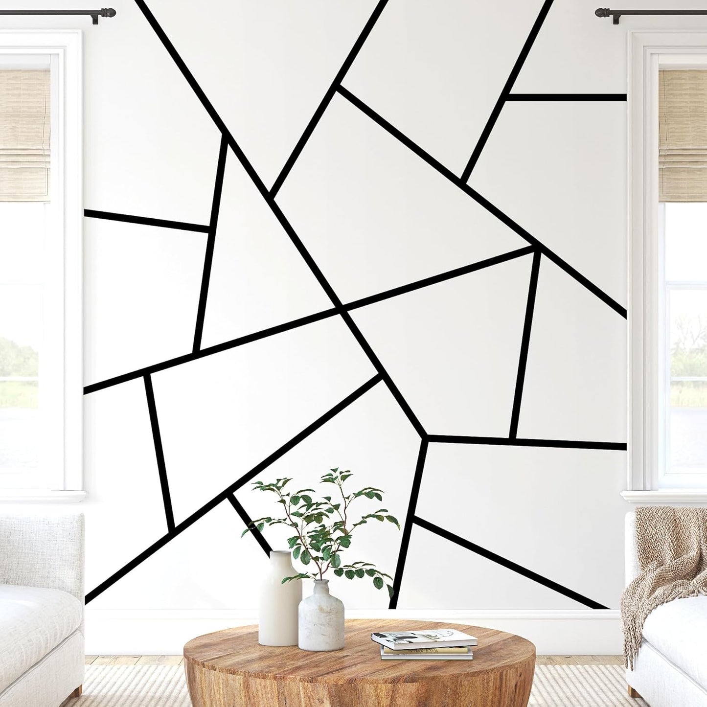 Black Large Vinyl Modern Line Wall Decals, Peel and Stick Removable Geometric Wall Stickers Bedroom Living Room Office Minimalist Accent Wall Art Decor
