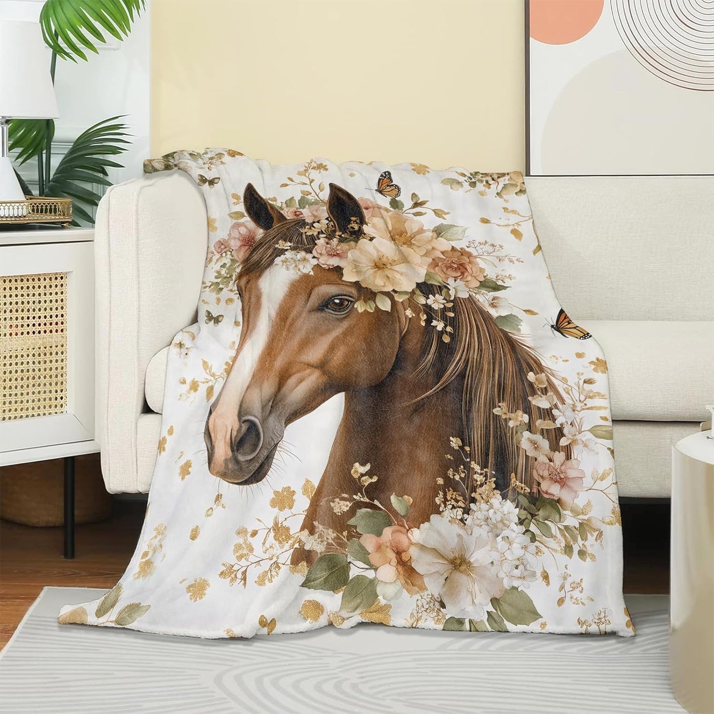 Pretty Floral Horse Blanket, Soft Warm Cozy Vintage Animal Throw Blanket Gifts for Adults Kids Women, Lightweight Fuzzy Comfy Flannel Blankets for Couch, Travel, Bed, House Decor 60×50 Inch