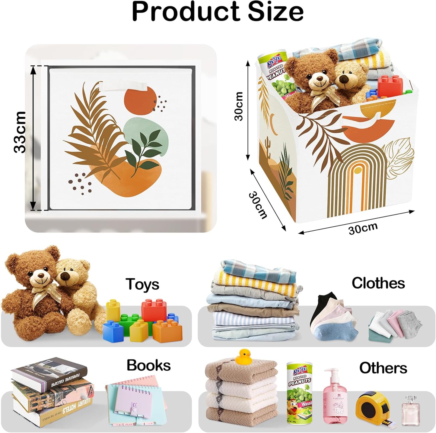 11.8" Boho Leaves Storage Cube Organizer Mid Century Modern Clothes Storage Basket Bin for Closet Shelf Art Abstract Geometry Nursery Kid Room Book Toy Chest, 3Pcs