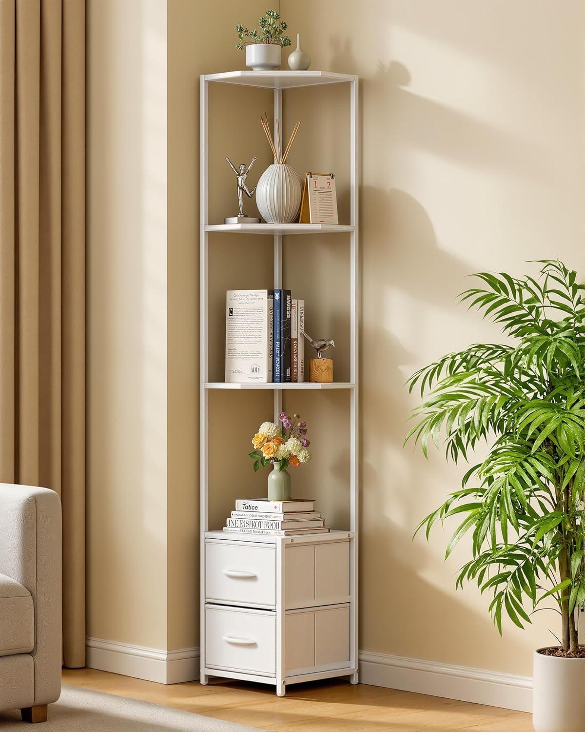 Housolution Corner Shelf Stand with Storage, 63.4'' Tall 6-Tier Corner Bookshelf Includes Fabric Drawers, Freestanding Corners Storage Shelf for Living Room Bedroom Kitchen Bathroom (White)