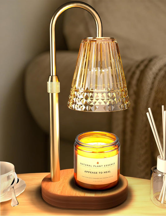 TATAANTY Candle Warmer Lamp with Timer Dimmable, Height-Adjustable Candle Warmer with 2 Bulbs, Melt Wax Warmer Lamp, House Warming Gifts New Home,Gifts for Women, Golden Glass Shade, Wood Base
