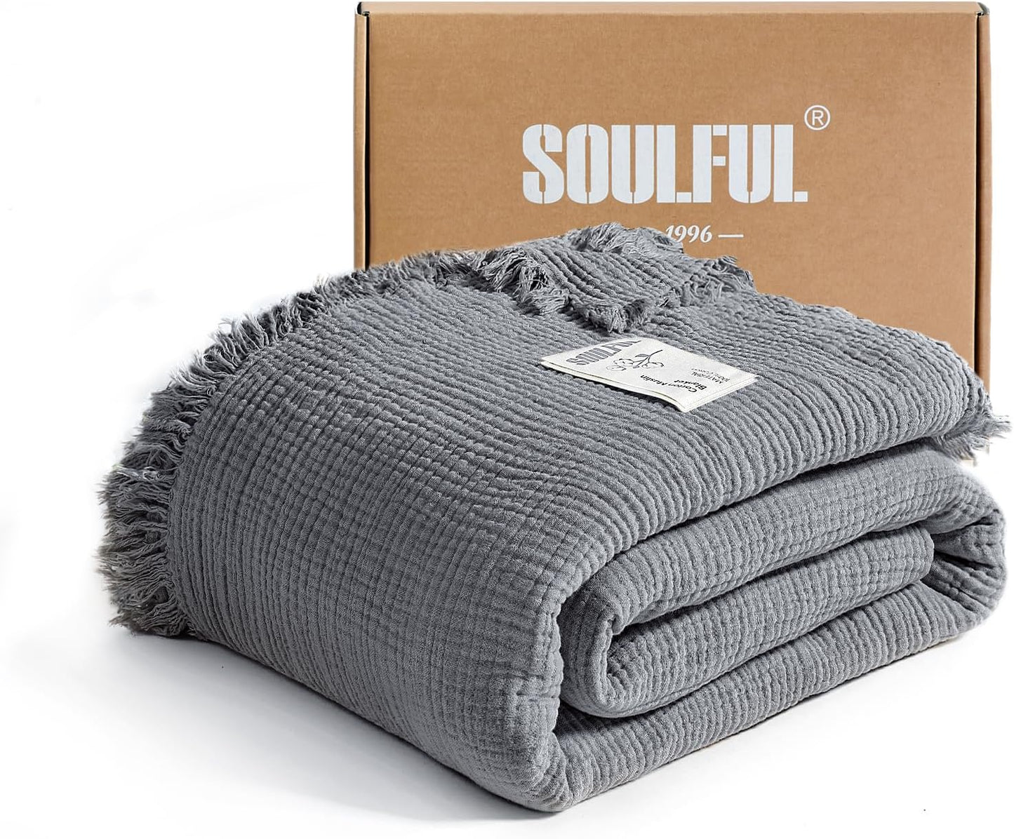 SOULFUL Muslin Throw Blanket with Tassels - Soft King Size Cotton Throw Blanket for Couch or Bed, Lightweight and Breathable Gauze for All Seasons, LightChampagne, 108" x 90"