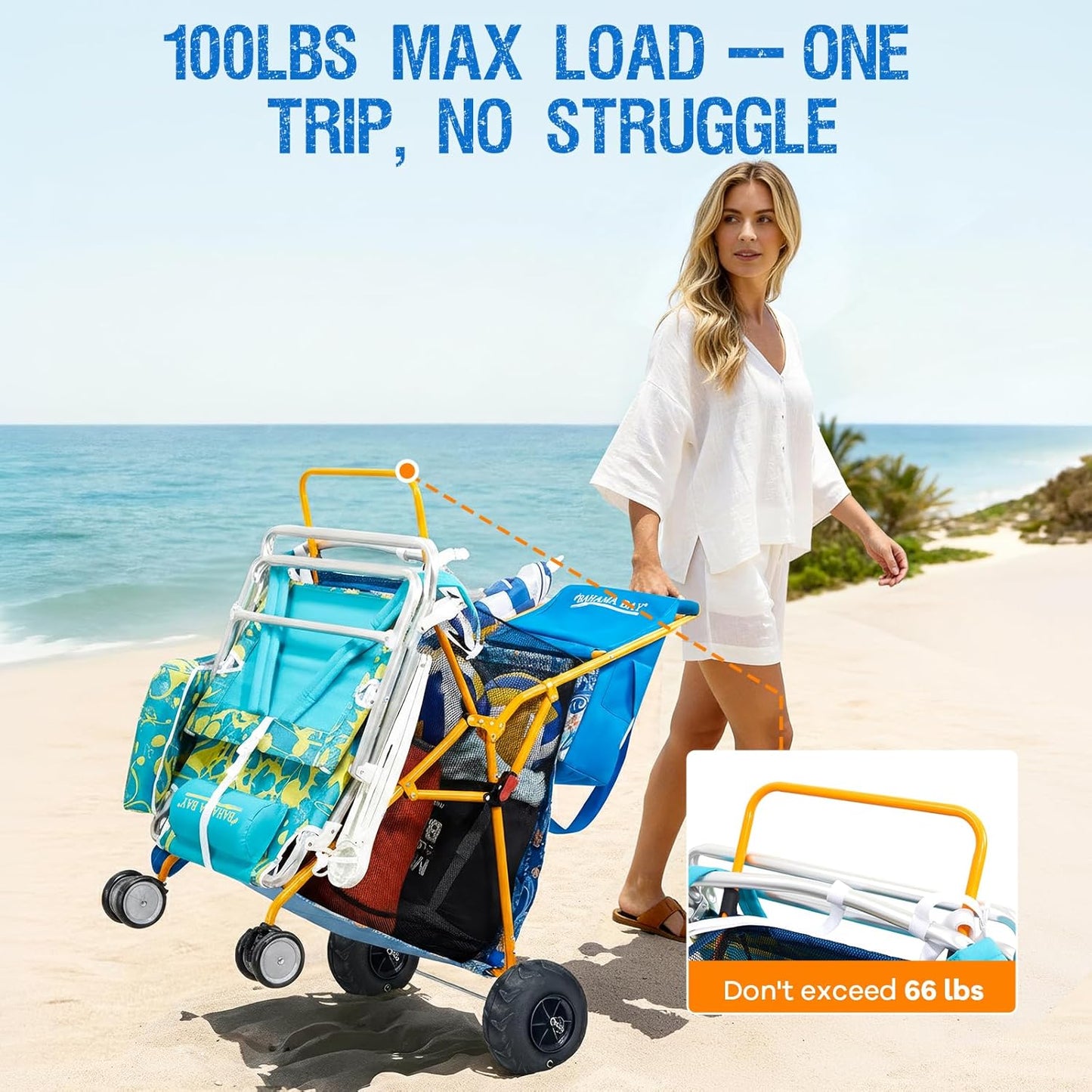 Old Bahama Bay Heavy Duty Beach Cart with 9” Balloon Wheels, All-Terrain Sand Wagon Replacement, Inflatable Big Wheels for Soft Sand, Foldable Beach Gear Carrier with Cooler & Umbrella Holder, 100lbs