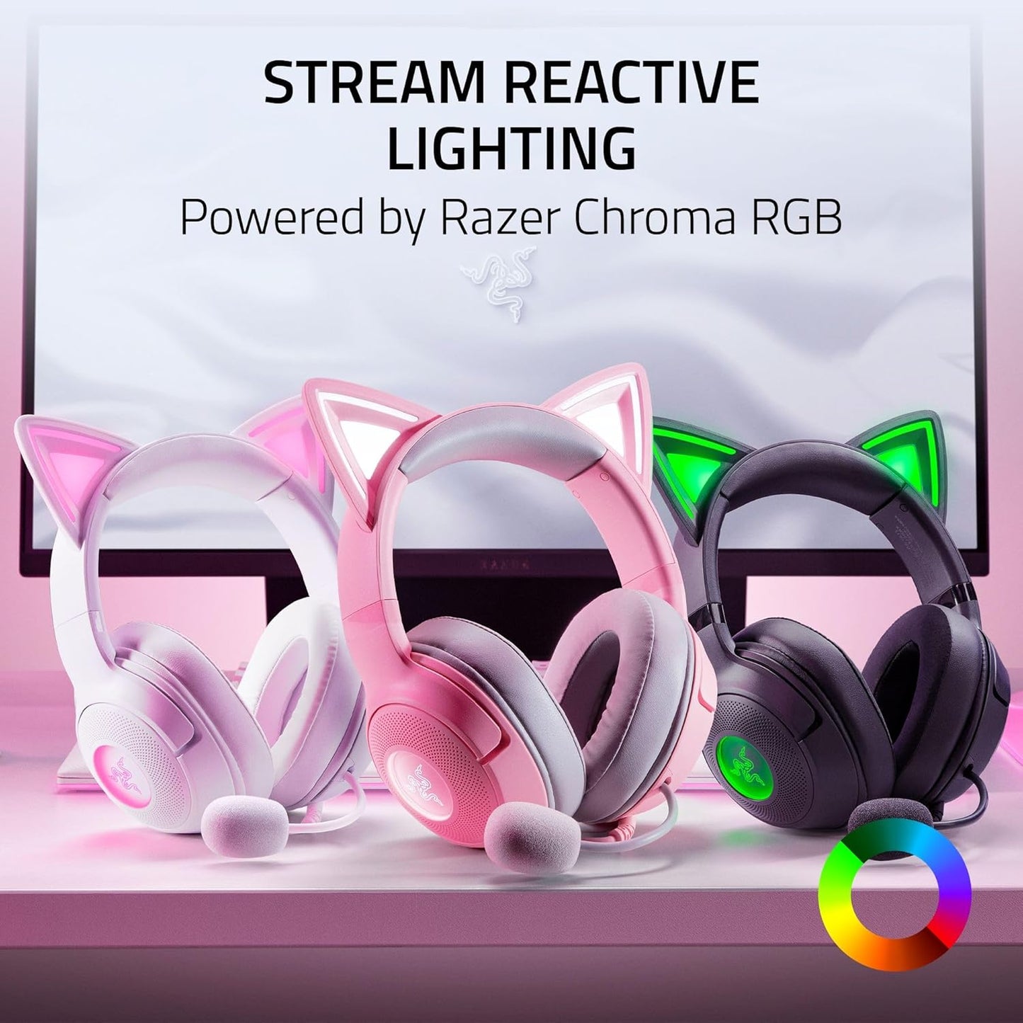 Razer Kraken Kitty V2 USB Wired Headset: Chroma RGB Kitty Ears - Stream Reactive Lighting - HyperClear Cardioid Mic - 40 mm Drivers - 7.1 Surround Sound - Comfortable Ear Cushions - White