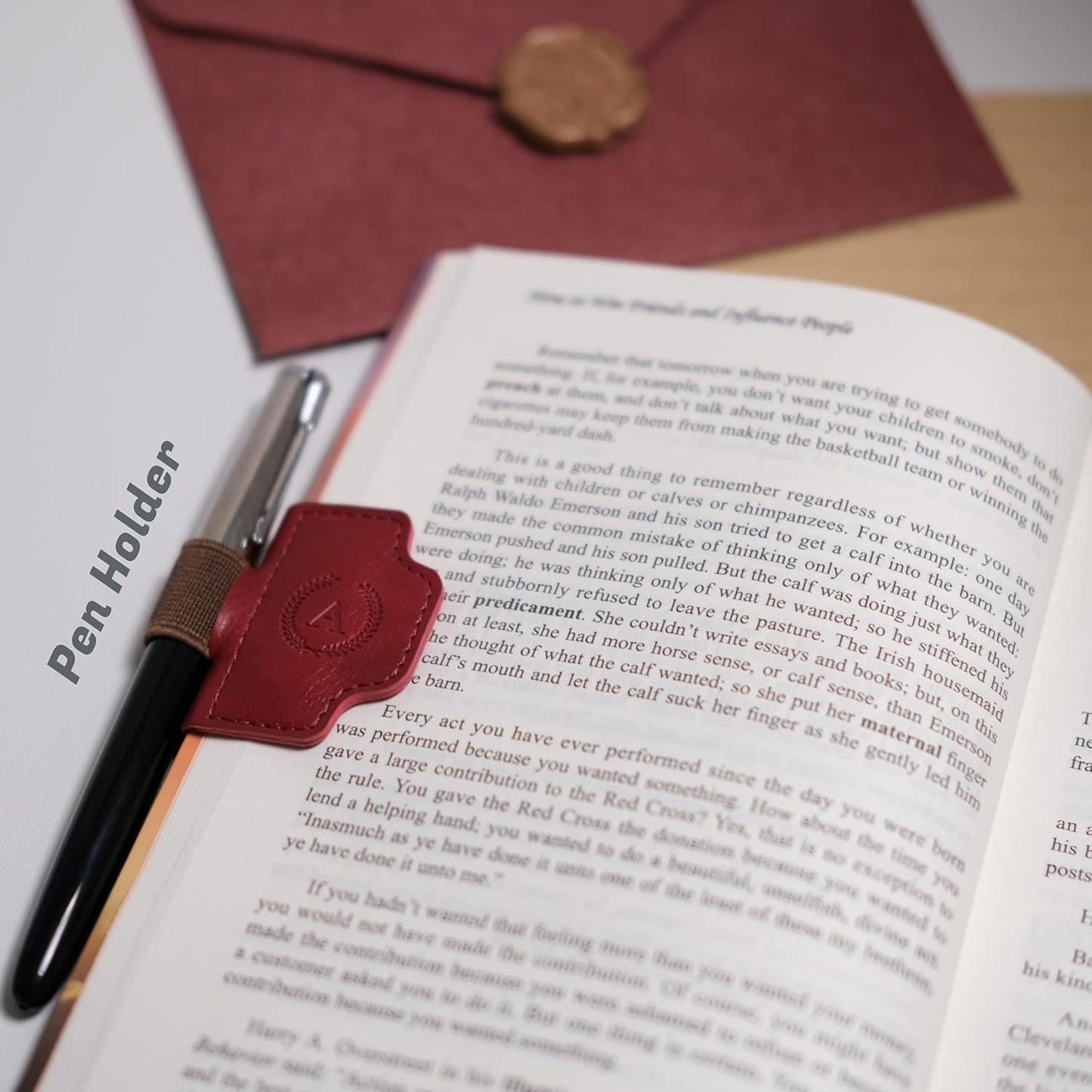 Personalized Magnetic Bygone Mark Bookmark with Pen Holder, 26 Letters Name Initial Custom Leather Book Mark for Women, Gifts for Book Lovers and Readers (Red,J)