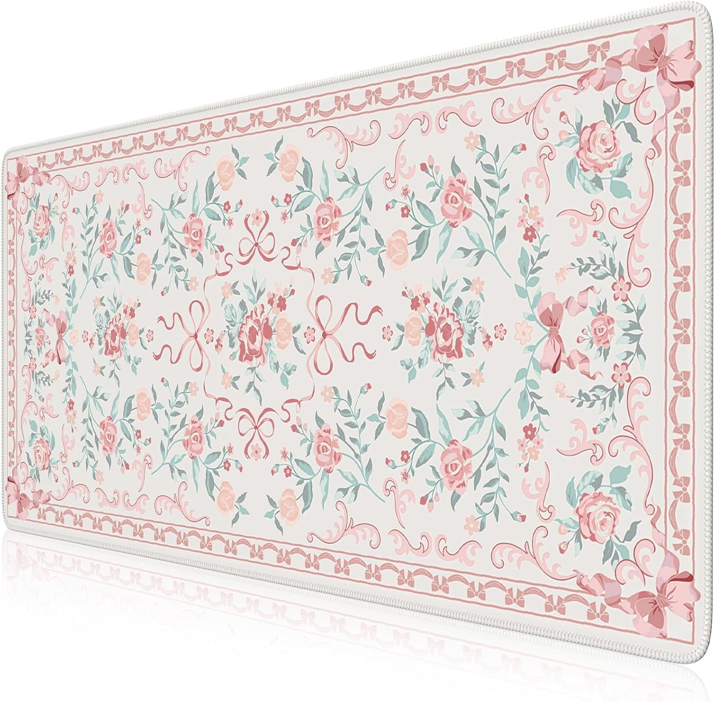 iCasso Pink Desk Mat for Desktop,Cute Desk Pad for Women,Girly Bow Mouse Pad with Stitched Edges,Non-Slip Large Computer Mat for Home Office Study Gaming