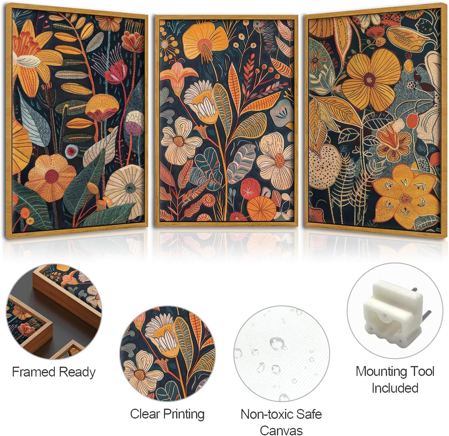 TBKHUDBI Framed Burnt Orange Floral Canvas Wall Art,Mid Century Modern Wall Decor,Boho Terracotta Flower Picture Prints Poster Painting Artwork Set Of 3 For Living Room Bedroom Office 16"x24"