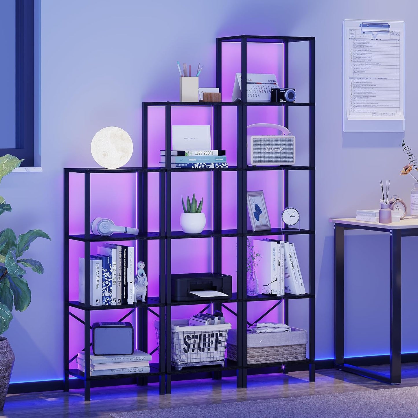 5-Tier Bookshelf, Tall Narrow Bookcase with LED Lights, Book Shelf with Steel Frame, Display Storage Shelf for Living Room, Bedroom, Home Office, Study, Balcony, Black
