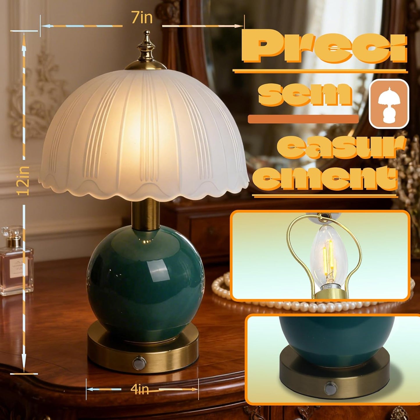 Living Room Vintage Ceramic lamp,12 inch Modern Rechargeable Touch Light, Stepless Light Adjustment Desk Lamp, Classic Chinese Style Emerald Green