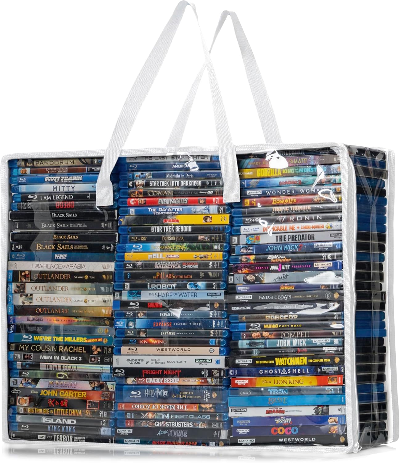 Besti Blu Ray Case Holder Organizer, Set of 2 Clear Plastic Bags with Handles for Storing Blurays, DVDs, CDs, Storage Bags for Video Game Cases, Holds Up To 90 Bluray and 60 DVD Cases (White)
