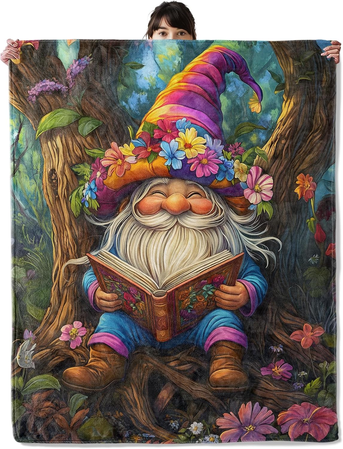 Reading Gnome Blanket, Cozy Flannel Gnome with Flower Hat Throw Blanket, Soft Fuzzy Blankets for Travel Home Decor, All Season Lightweight Couch Bed Cover, Gifts for Women Adults Kids 50"×60"
