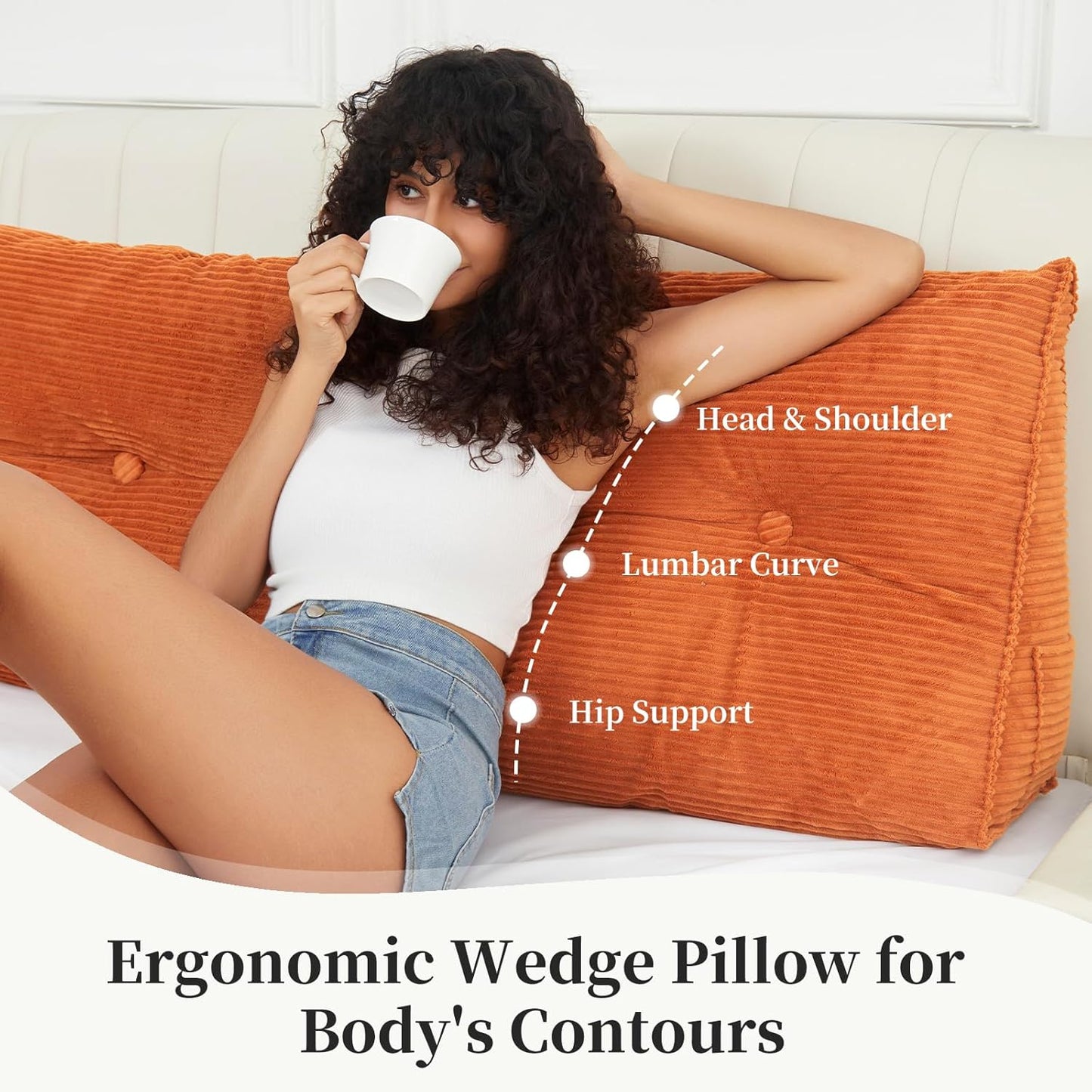 Wedge Pillow Headboard Triangle Bolster Pillow for Sitting in Bed Adults Reading Pillows Backrest Support, Corduroy Headboard Pillows Daybed Sofa Body Pillow Positioning Cushion (King,White)