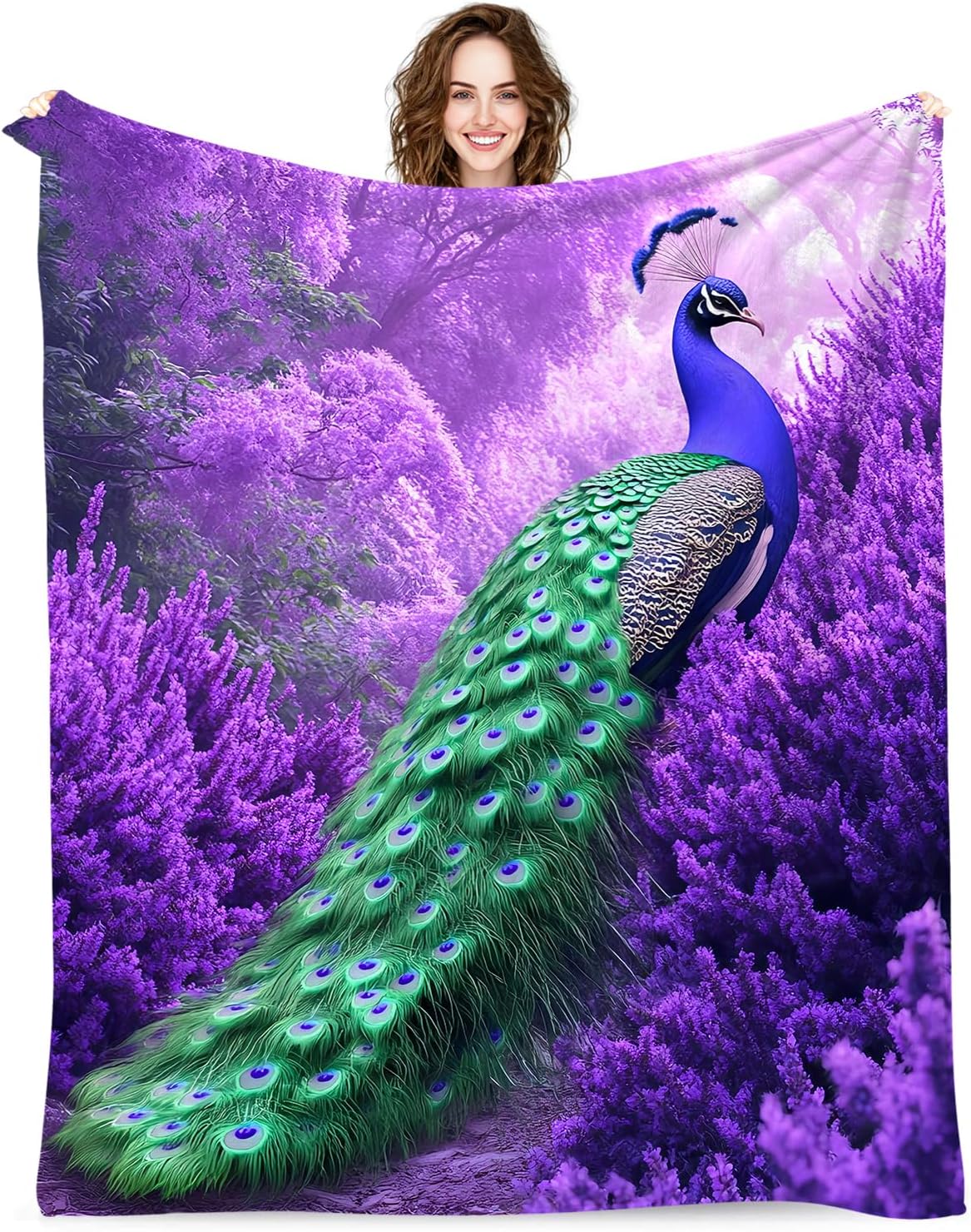 Peacock Gifts for Women, Super Soft Graceful Peacock Decor Purple Lavender Throw Blanket Gifts for Women Girls, Peacocks Stuffed Animal for Kids, Warm Cozy Fuzzy Plush Fleece Flannel Blankets 60"x50"