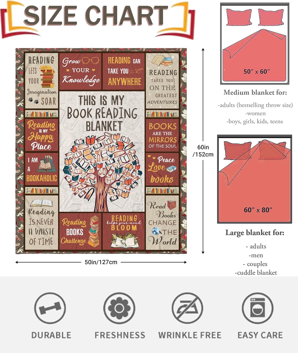 Book Lovers Gifts Blanket, Gifts for Books Lover Women, Reading Blanket for Books Lover, Librarian Present for Women Ideas Christmas Birthday Graduation, Book Club Gifts, Best Bookworm Gifts 50 x 60in