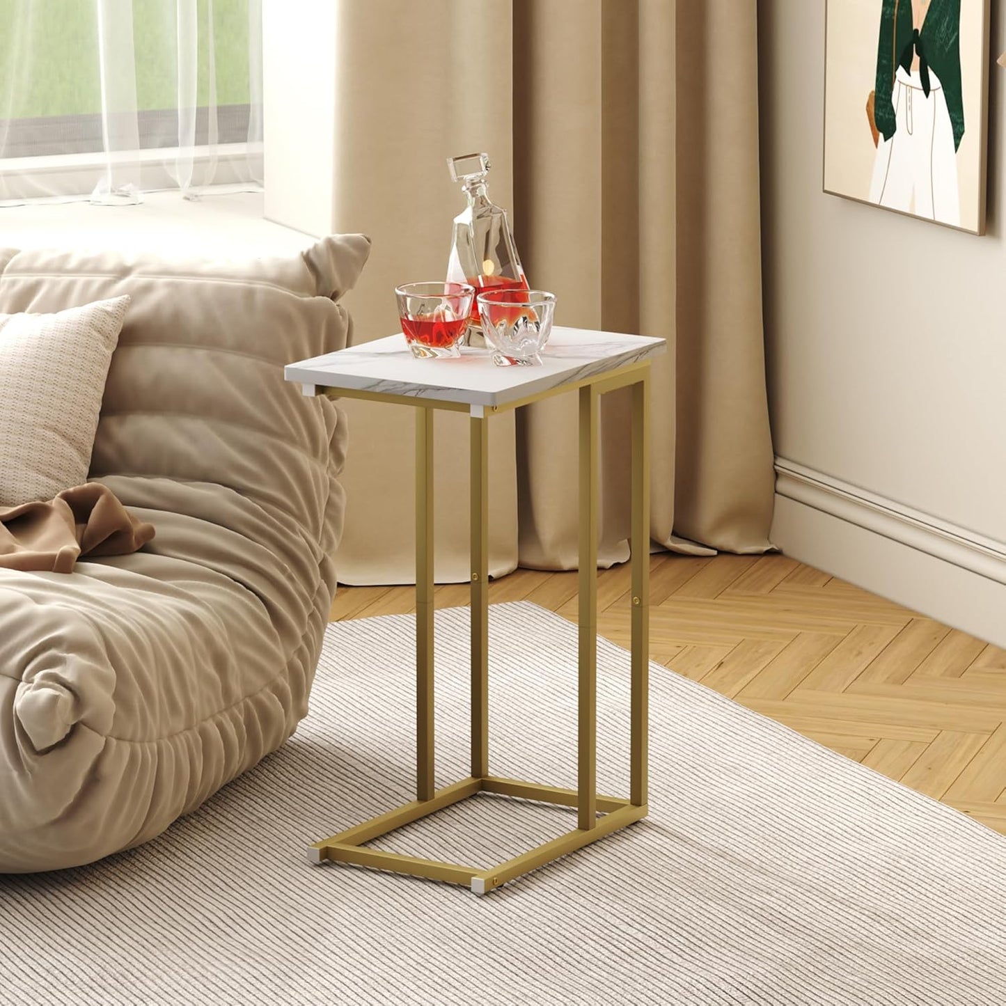 Function Home C Shaped End Table, Small Side Tables for Sofa Bed, Couch Tables That Slide Under, Drink Snack Table for Living Room Bedroom Small Space, White Wood Top and Gold Metal Frame