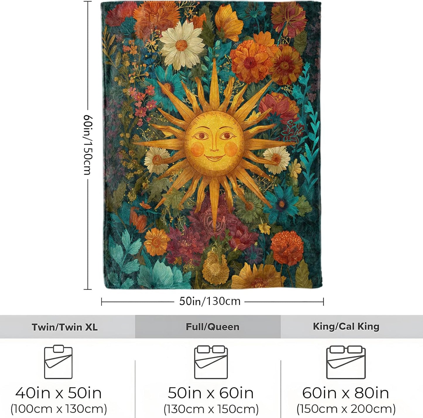 Vintage Sun Face Celestial Blanket, Soft Cozy Lightweight Wildflowers Throw Blanket for Women Girls Kids, Sofa Couch Bed 50x60 Inch Flannel Boho Blankets for Travel Decor Gifts