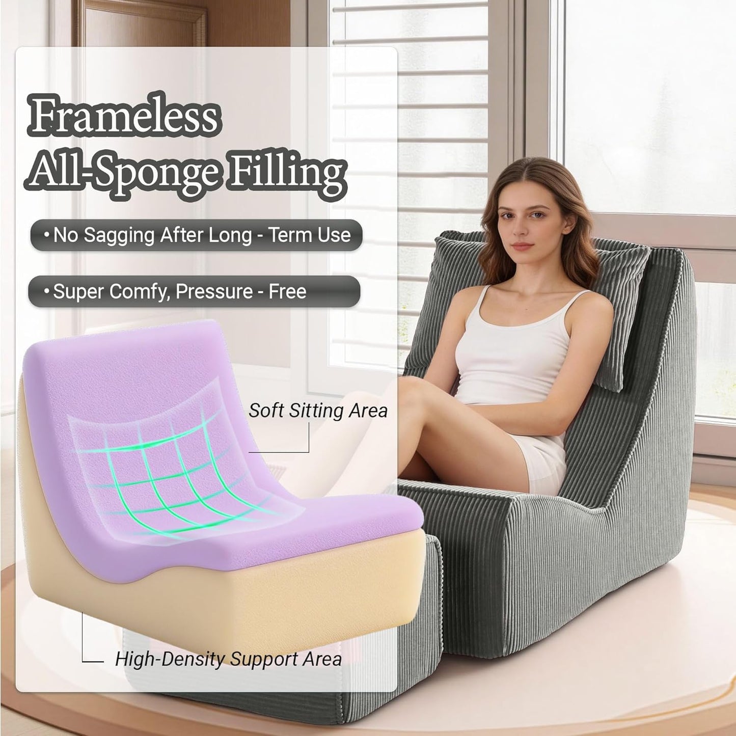 Trenda Chaise Longue Chair with Ottoman, Boneless Accent Recliner Chair with Washable Cover, Adjustable Neck Pillow, Comfy Floor Chair for Living Room, Bedroom, Small Space.