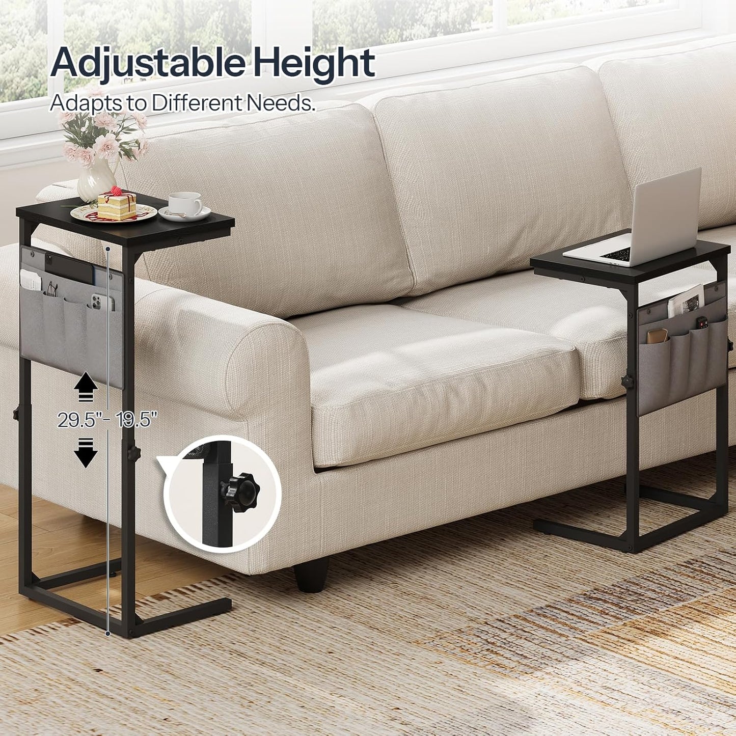 HOOBRO C Shaped End Table, Adjustable Side Table for Sofa, Couch Table that Slide Under, Small Table with Storage Pockets, for Living Room, Bedroom, Black BB77SF01